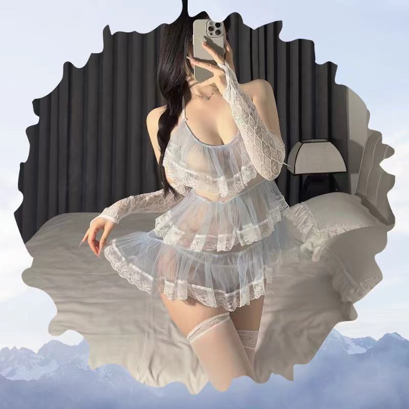 Lace Sling Tutu Skirt Lingerie Set with Sleeves and White Stockings — detail image 8