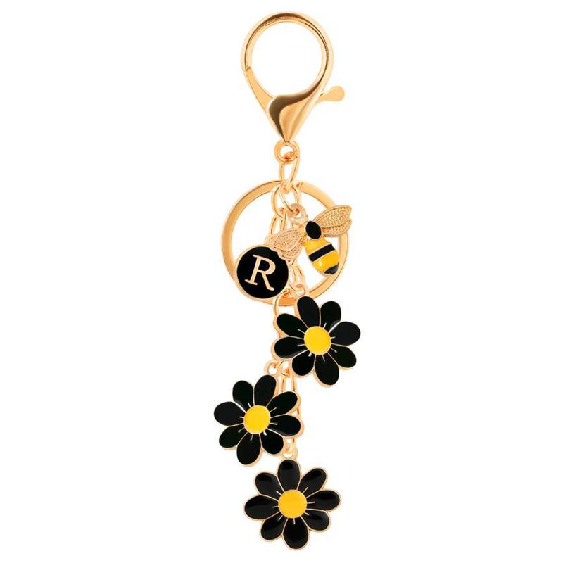 Letter Key Chain with Flowers and Bees for Women Girls - Initial Bag Charm for Backpack Handbag