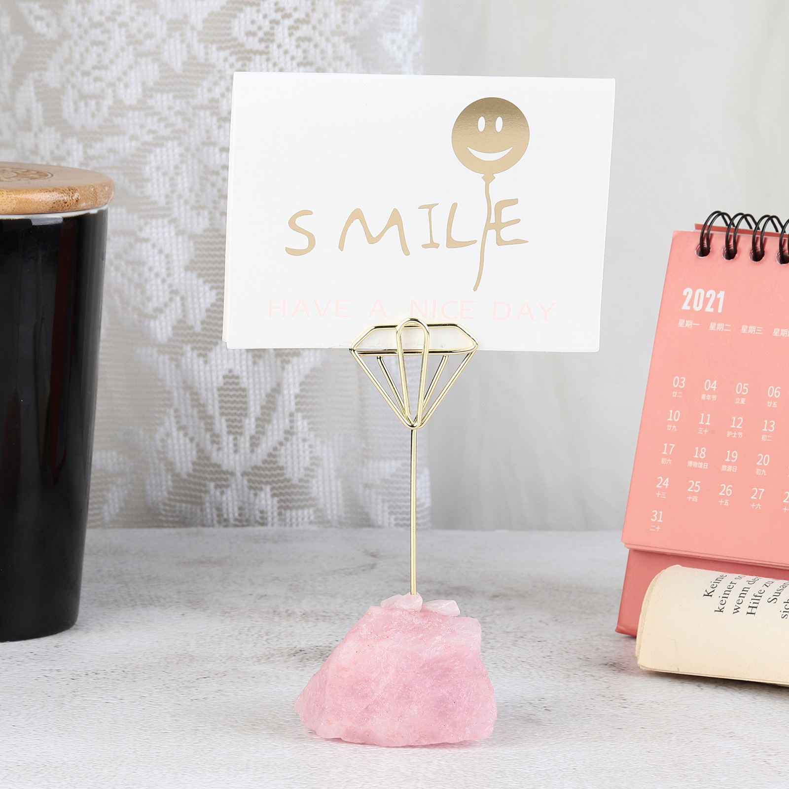 天然粉晶原石底创意金属图案便签夹 立式ins风简约卡片留言照片夹 undefined