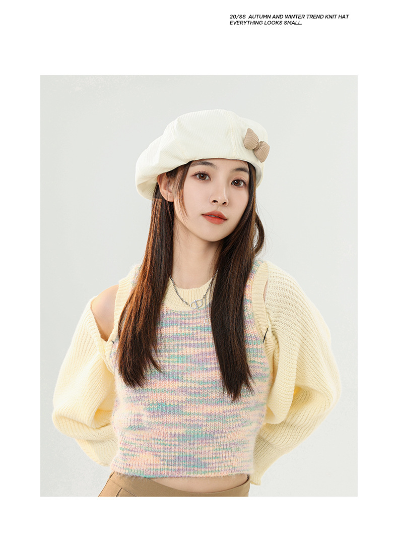 Hat female autumn and winter solid color bow beret parent-child Korean version white sweet bud hat retro painter hat_voghion.com