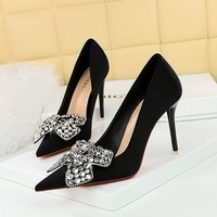 18249-H29 Style Banquet High Heels Slim Heels Shallow Mouth Pointed Satin Rhinestone Bow High Heel Single Shoes