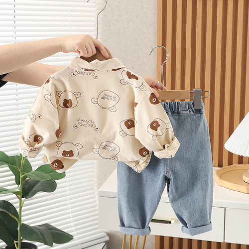 2-3 years old spring and autumn children's clothing children's shirt jeans cartoon handsome kindergarten trendy baby suit printing home