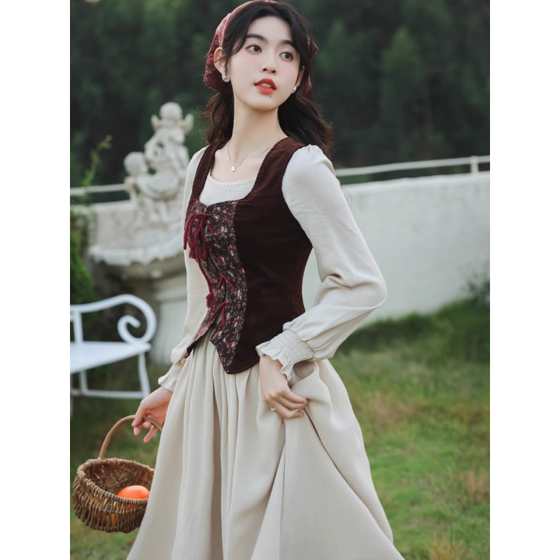 欧洲复古中世纪宫廷裙法式少女田园系碎花油画马甲连衣裙套装|undefined
