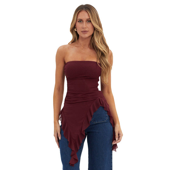 M23TP707 European and American women's clothing winter new mesh off-the-shoulder tube top backless pleated ruffled top T-shirt