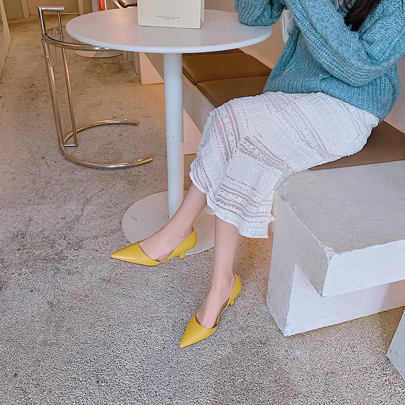 Giày cao gót nữ mũi nhọn gót nhọn da bò miệng nông kiểu đơn giản — Màu be chi tiết 4