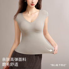 秋冬小飞袖修身上衣V领托胸一体式打底衫磨毛蓄热养护保暖内衣女