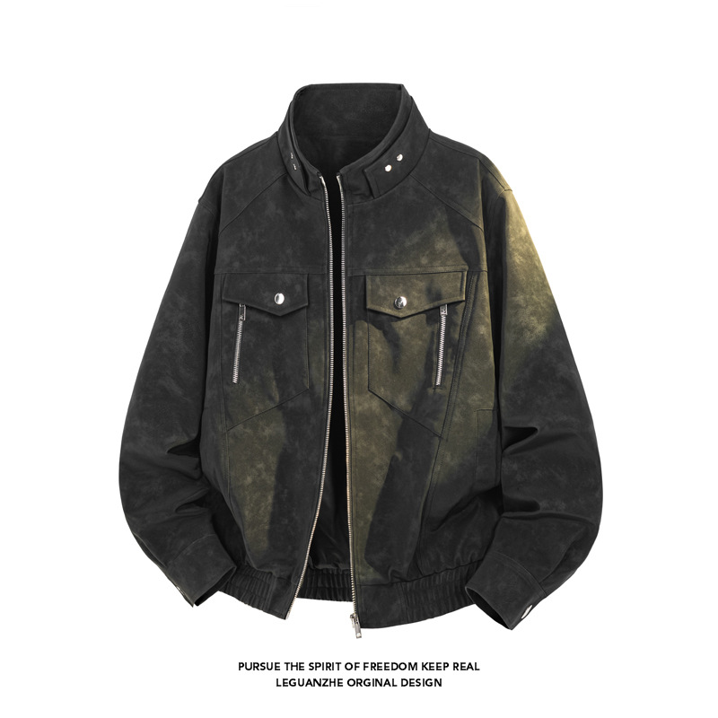 American Retro Workwear Leather Jacket For Men, Spring Cleanfit Flight Stylish Stand-up Collar Baseball Jacket, Trendy_voghion.com