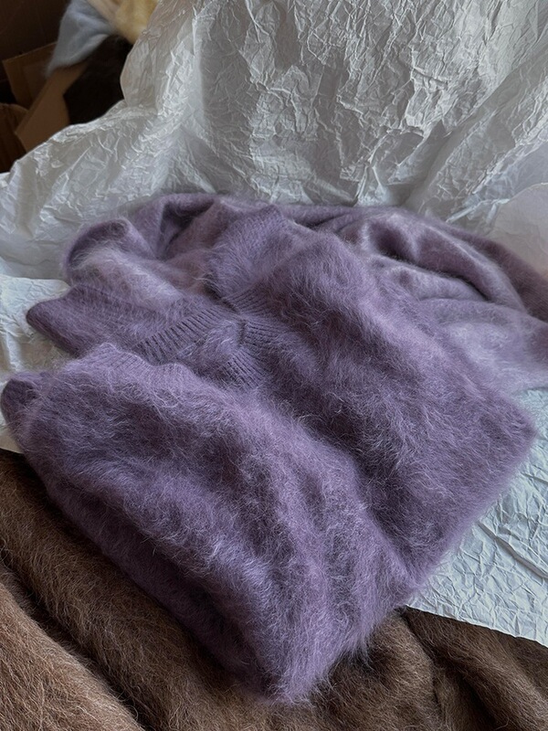 Korean-Style Purple Mohair Pullover Mink Wool Sweater for Women, Autumn and Winter Loose-Fitting Lazy Style Knit Top