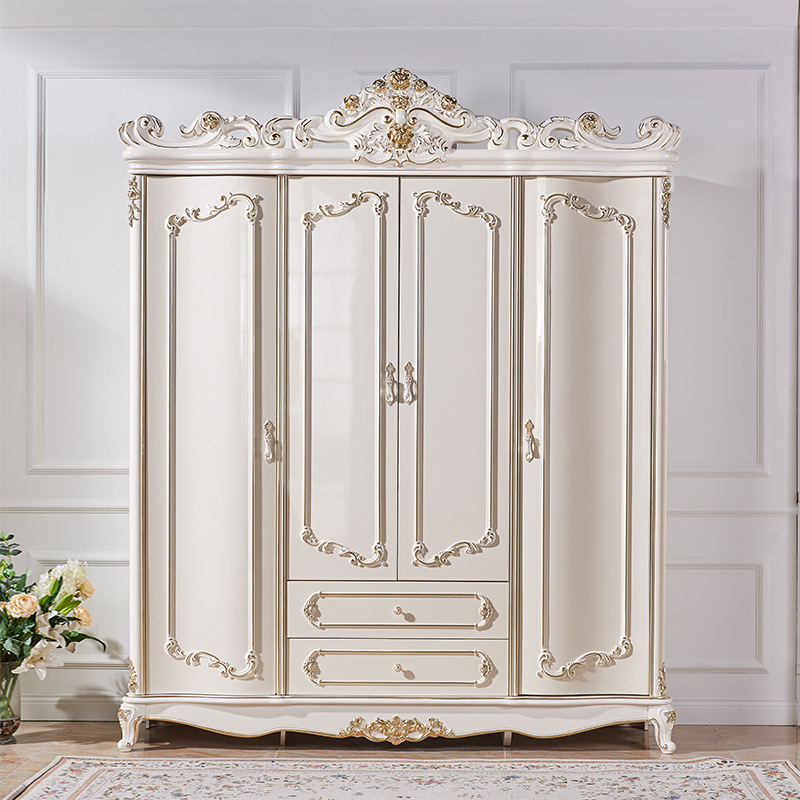 European-Style Wardrobe for Home Bedroom White Four-Door Master Bedroom Luxury Solid Wood Wardrobe with Flat Opening