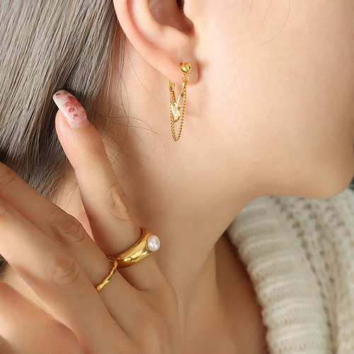 F317 European and American cold ins style no fading fringe double layer chain earrings titanium steel gold-plated ear studs wholesale 