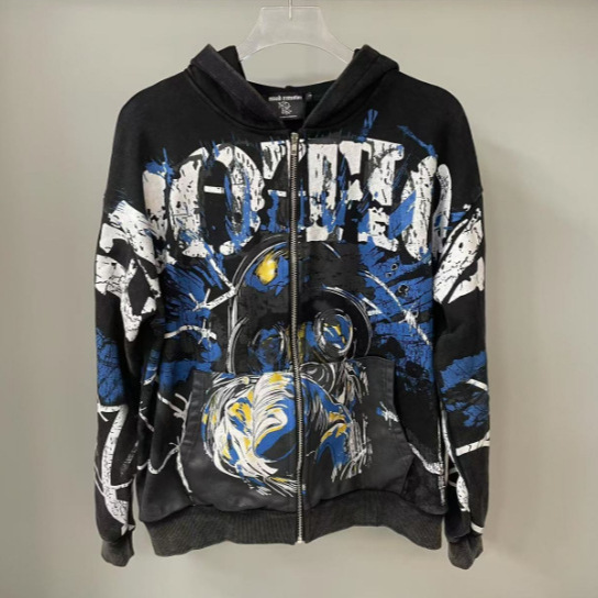Felpa con cappuccio e cerniera, casual, unisex, a maniche lunghe, con stampa di strass e cerniera, di marca alla moda._voghion.com