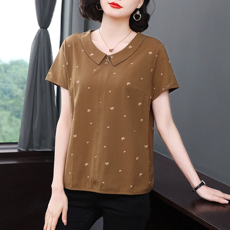2024 весна новая толстая мама темпераментная футболка среднего и пожилого возраста леди добавить жир и увеличить хлопчатобумажную рубашку с короткими рукавами для женщин
