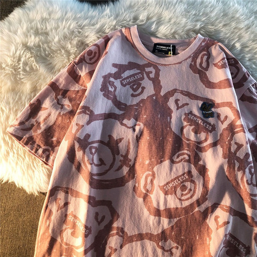 Summer new style 2024 Korean style loose full print bear print short-sleeved T-shirt female students all-matching Harajuku style top
