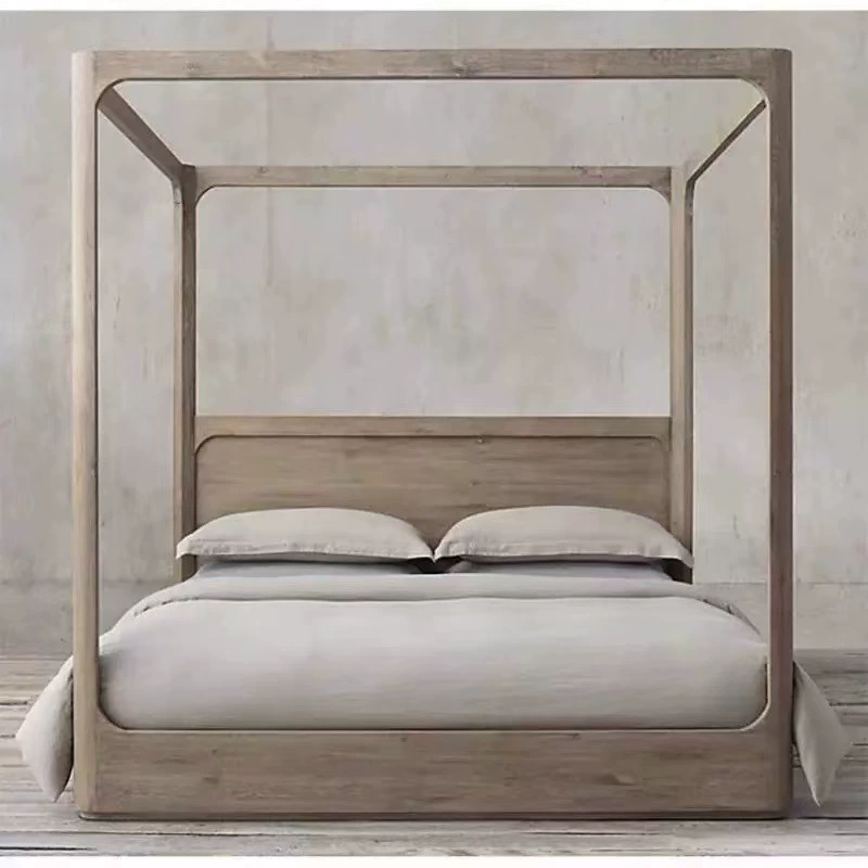Американская деревенская кровать с каркасом из цельного дерева, скандинавская главная спальня, ретро, ​​потертая кровать с колоннами из цельного дерева, кровать с четырьмя стойками, москитная сетка, марлевая кровать