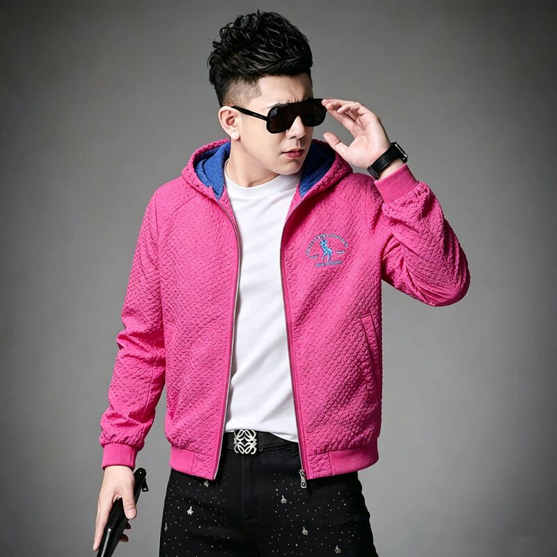 Autumn men's bubble fabric hooded jacket with contrasting color lining, large horse embroidery, trendy zip-up casual versatile coat for men