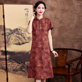 花萝香云纱连衣裙夏装妈妈装改良真丝唐装新中式短袖桑蚕丝连衣裙