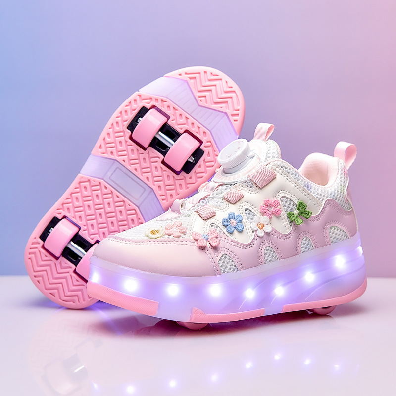 Girls' New Model Shoes with Light-Up Four-Wheel Sports Roller Shoes 2025 Children's Girls' Skate Shoes with Mesh Surface and Lights