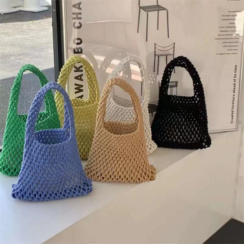 Spring and summer new handmade woven cotton rope hollow bag ins style small fresh photo handbag color hand bag