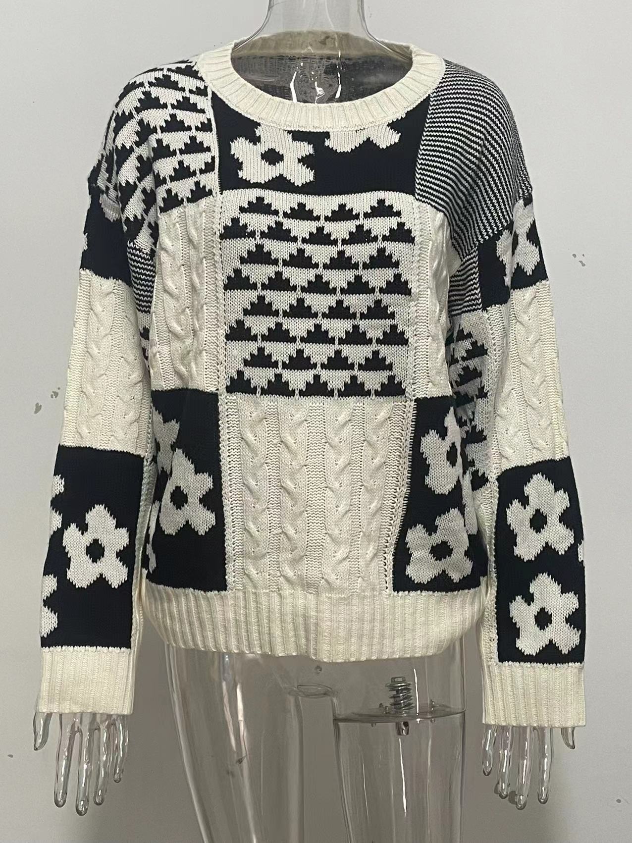 Women's Pullover Sweater Square Flower Casual Loose Round Neck_voghion.com