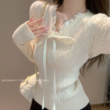 韩版麻花v领系带蕾丝打底衫女秋冬纯欲风木耳边内搭毛衣针织上衣