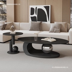 黑色轻奢型新款岩板意式椭圆形茶几现代组合家用茶台客厅简约桌∑