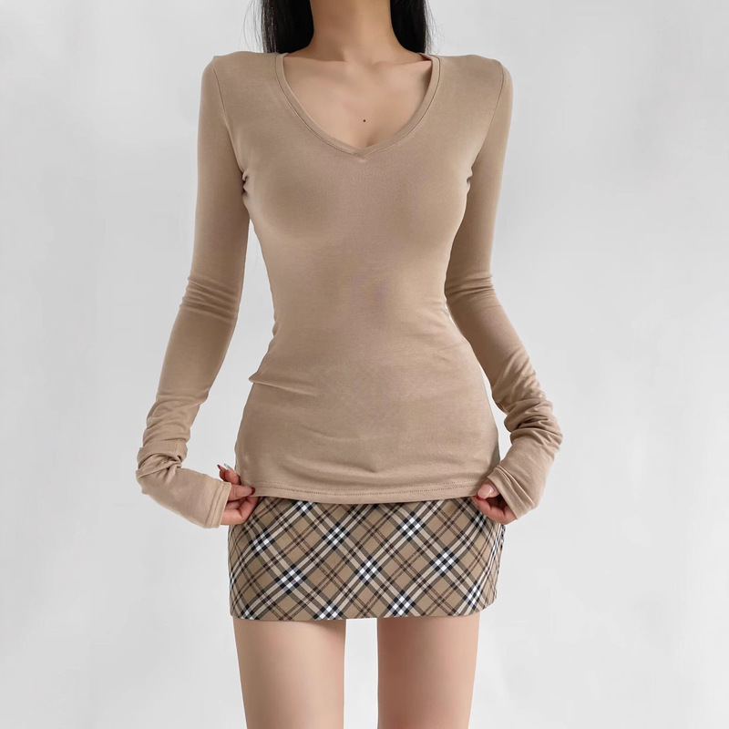 Korean Style Sexy V Neck Long-Sleeved T-Shirt Plaid Hip-Covering Short Skirt Mid-Length Skirt Suit Women's Early Autumn Gray Skirt Bottoming Shirt