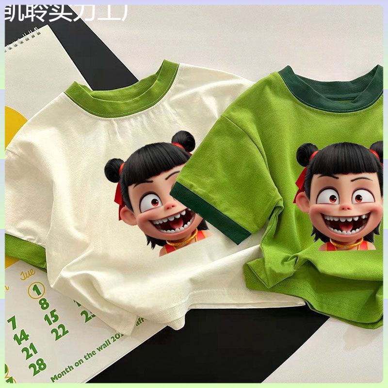 【店铺热销】.新款儿童卡通哪吒短袖T恤拼接宽松休闲百搭中大小男