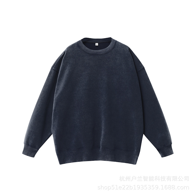 400g distressed brushed round neck navy blue