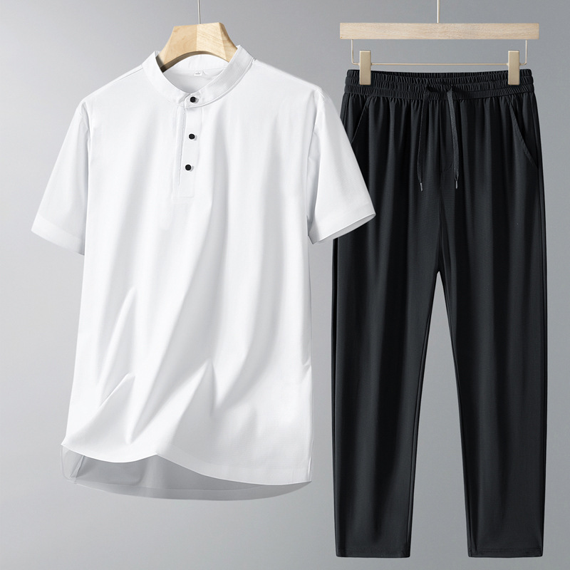 Papá traje casual de verano para hombre con cuello alto, nueva camiseta de manga corta de seda de hielo, pantalones finos de verano de secado rápido, traje de dos piezas para hombre