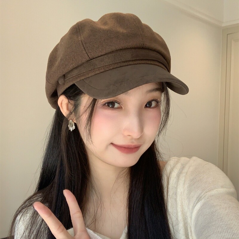 栗子拿铁~2025新款秋冬毛呢pu皮拼接贝雷帽女气质复古时尚八角帽|undefined