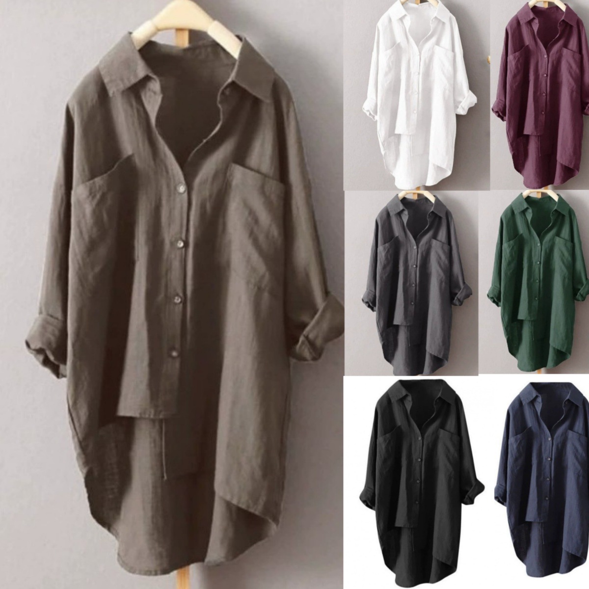 现货 新品女装休闲风纯色衬衫秋季棉麻开衫双口袋长袖上衣7色8码