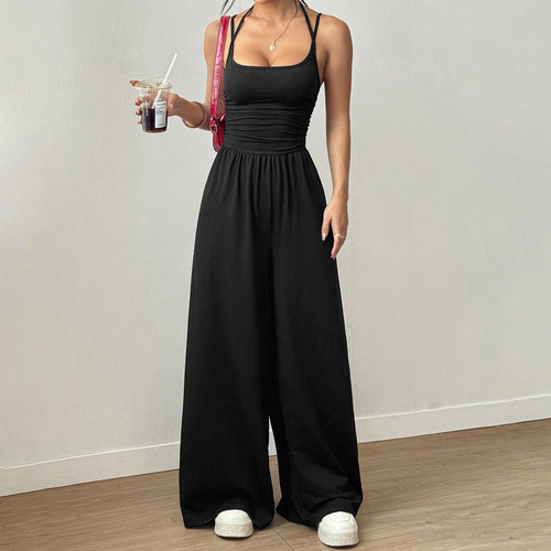 Women's wear double suspenders pure color slimming wide-leg jumpsuit sports yoga trousers European and American slim casual suit