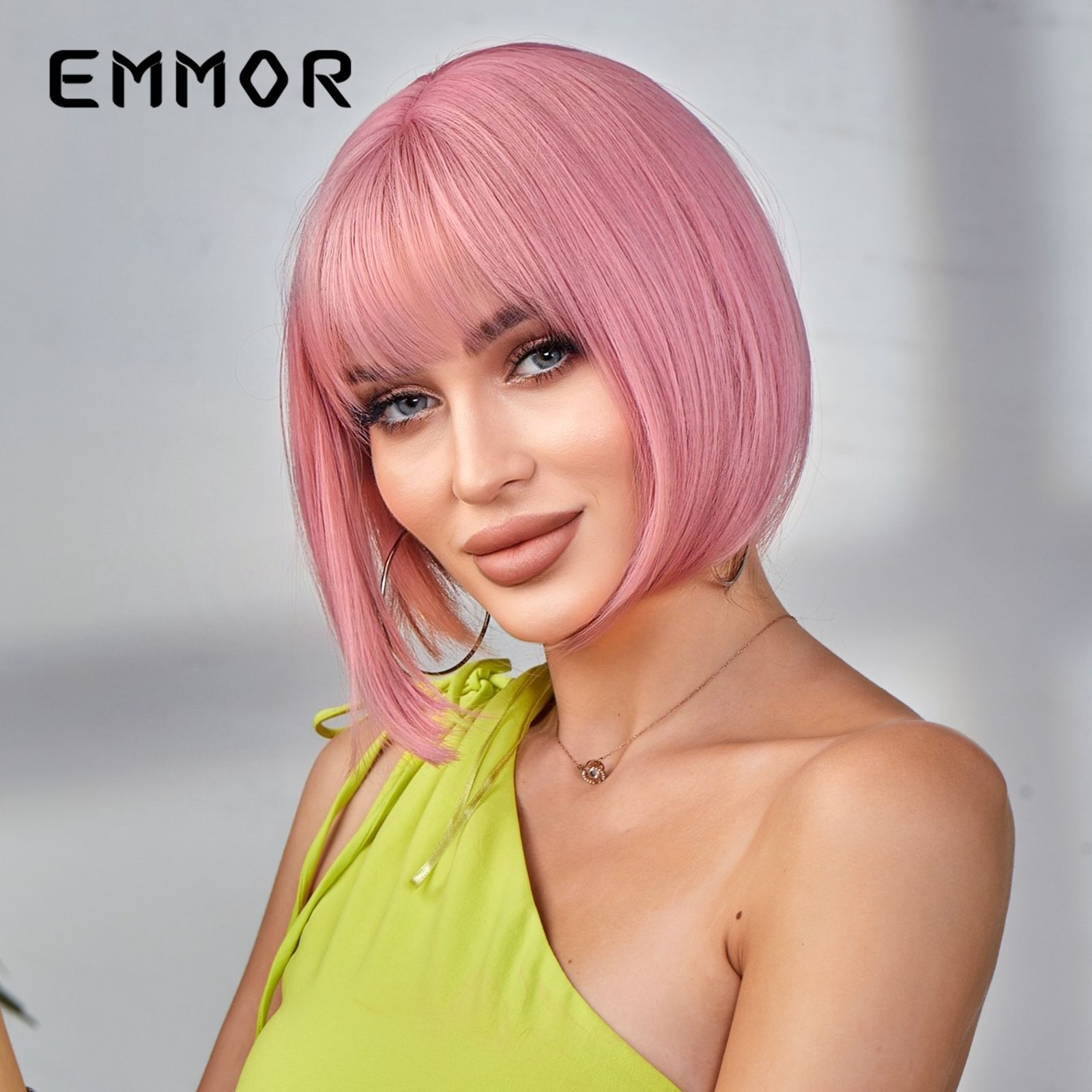 EMMOR Amazon venta caliente cabello corto rosa Qi flequillo BOBO cabello liso peluca de seda de alta temperatura mate europea y americana