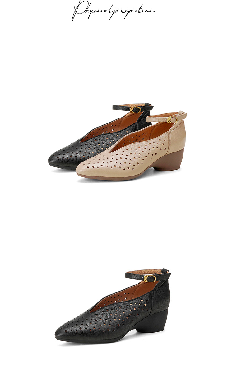 Sandal nữ mũi nhọn quai ngang gót trung bình phong cách retro thoáng khí — đen, mơ chi tiết 14