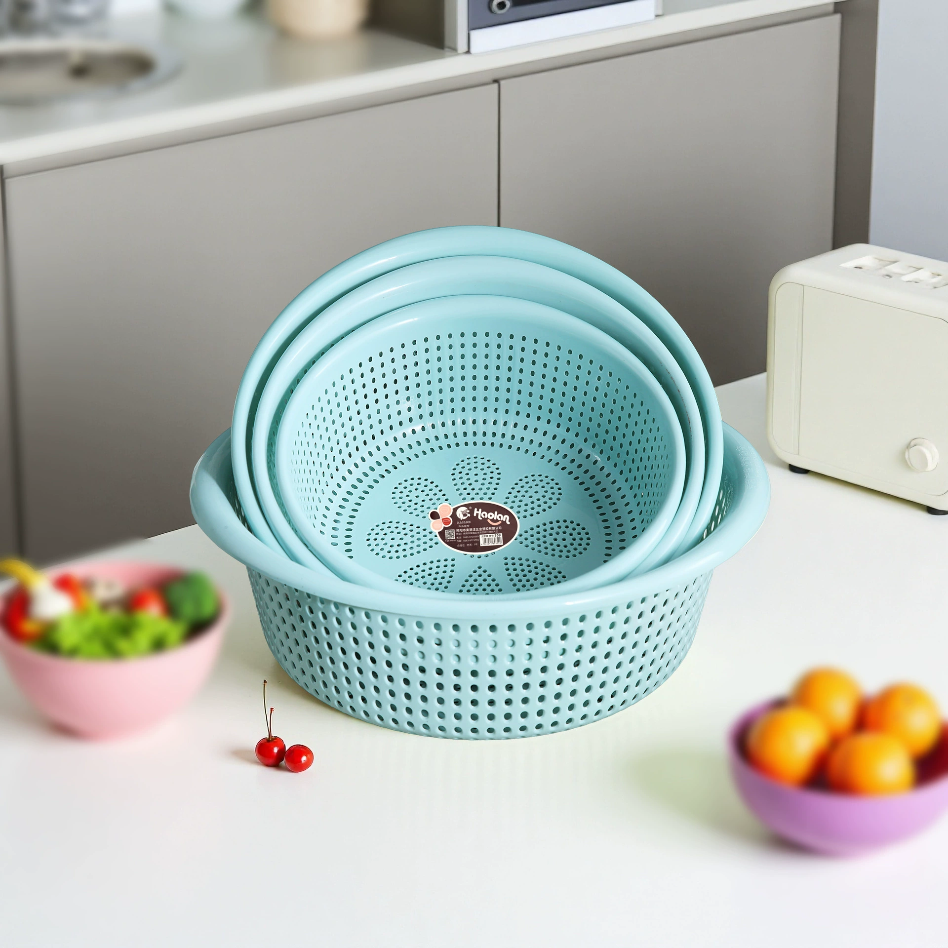 Kitchen thickened plastic tableware, fruit, vegetable and drain basket three-piece set single layer supplies complete kitchen drain basket