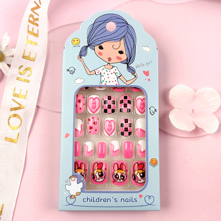 Uñas postizas adhesivas de moda para niños mayores, lindas pegatinas de uñas con dibujos animados, caja de 24 piezas de lindos parches de uñas. image 9