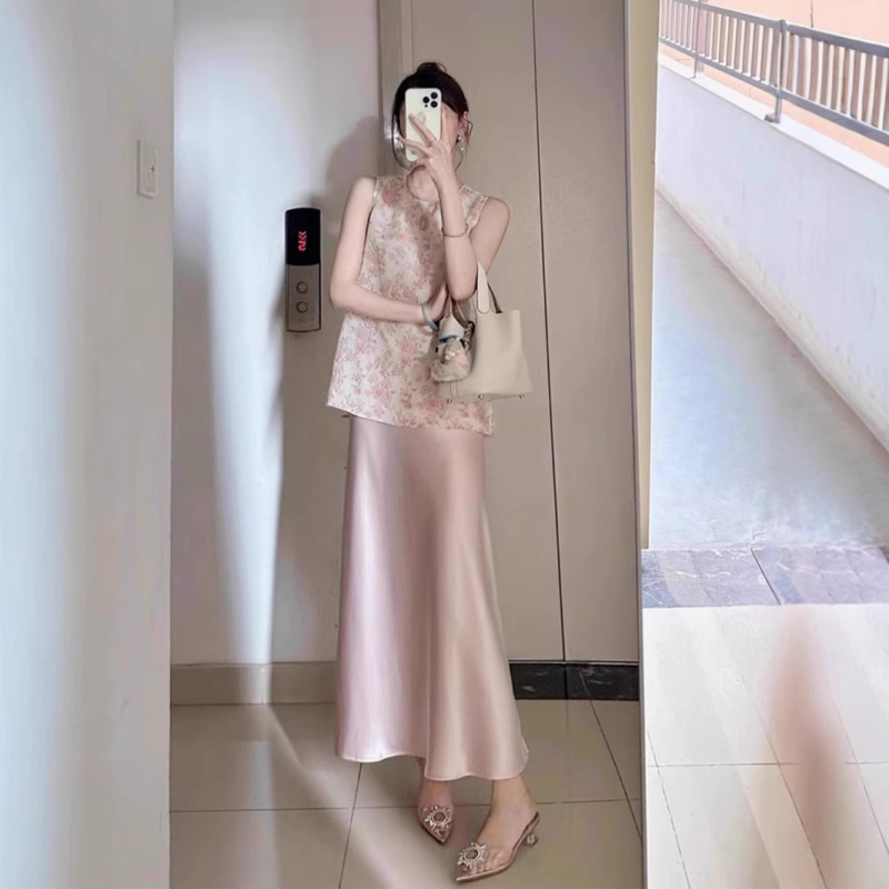 新しい中国風のスーツ、ピンクのノースリーブ花柄トップ、サテンスカート、スリムで美しいツーピースセット、軽くて大人のスタイル|undefined