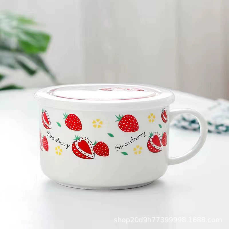 Microwave ceramic noodle bowl with lid and handle, 5.25″ and 6″, cute printed designs