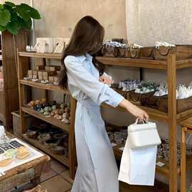感假两件蓝色衬衫连衣裙女早夏季小众设计显瘦气质POLO长裙