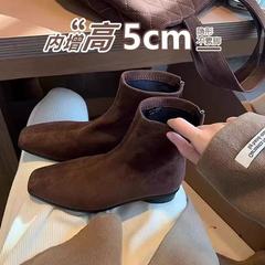 小个子内增高5cm法式方头复古棕色绒面粗跟短靴拉链平底马丁靴女