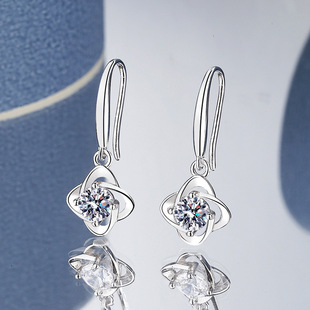 New S925 Sterling Silver Four-leaf Clover Ear Hook Moissanite Earrings Women's High-grade Light Luxury Niche Design Elegant Earrings