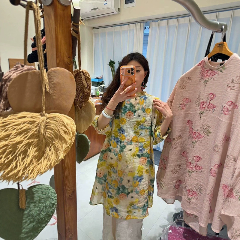 2026 New Style Pure Ramie Printed Single-Breasted Retro Artistic Loose Lace Collar Three-Quarter Sleeve Women's Mid-Length Shirt 2026 New Style Pure Ramie Printed Single-Breasted Retro Artistic Loose Lace Collar Three-Quarter Sleeve Women's Mid-Length Shirt