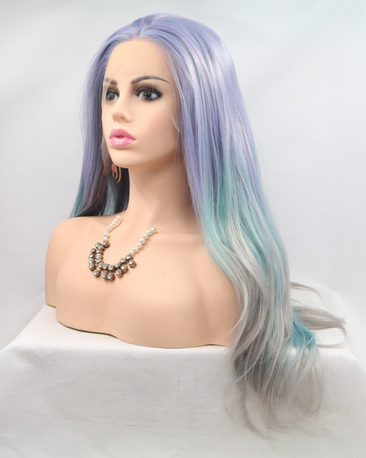 Cabello largo, azul degradado, cabello lacio, casco africano, peluca de red rosa, peluca rizada pequeña LW0267