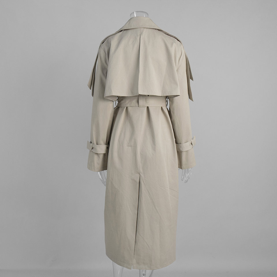 Áo khoác trench coat nữ dáng dài phong cách Âu Mỹ, chất liệu cotton, form rộng có dây thắt eo — Màu kaki, màu xám chi tiết 9
