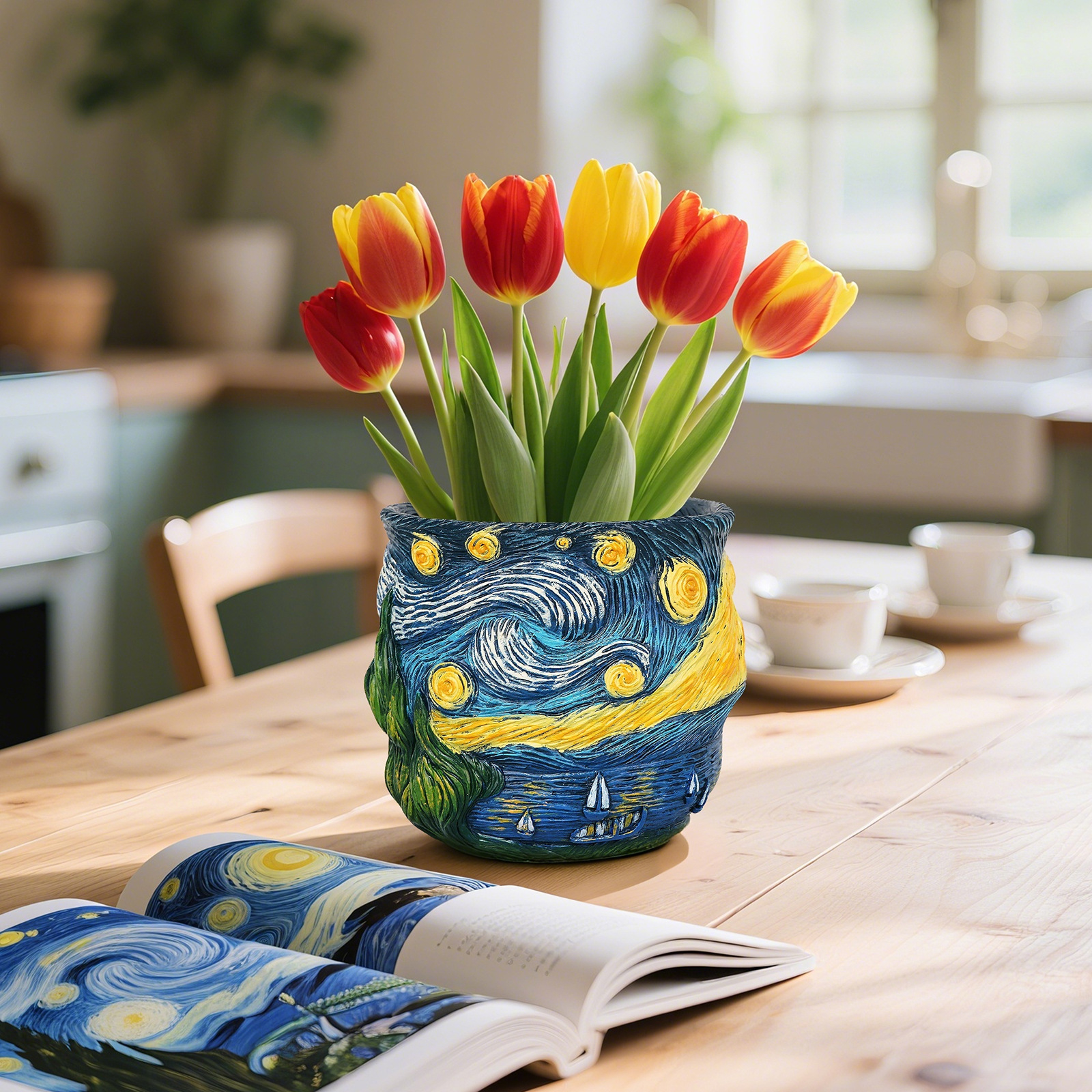 Kindergarten Hot Selling Van Gogh Inspired Series Starry Sky and Galaxy Resin Flower Pots Creative Home Desktop Garden Planting Containers