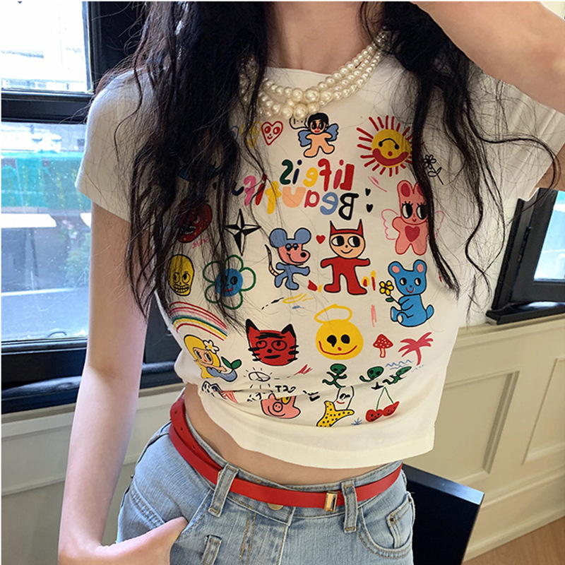 South Korea's Dongdaemun New 2025 Early Spring Cute and Fun Cartoon Pattern Printed Slim T-Shirt for Women, Fashionable and Versatile