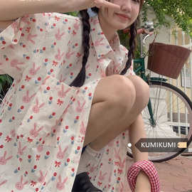 【四面弹印花】夏威夷短袖衬衫女夏季薄款休闲宽松百搭衬衣上衣