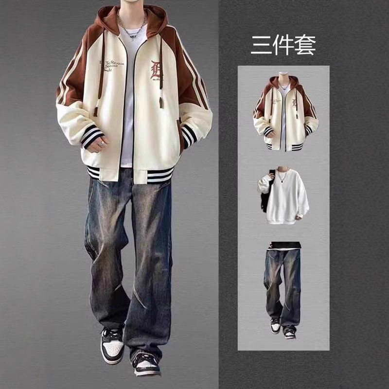 美式棒球服外套男春秋季连帽开衫卫衣夹克男生套装穿搭三件套潮流|undefined