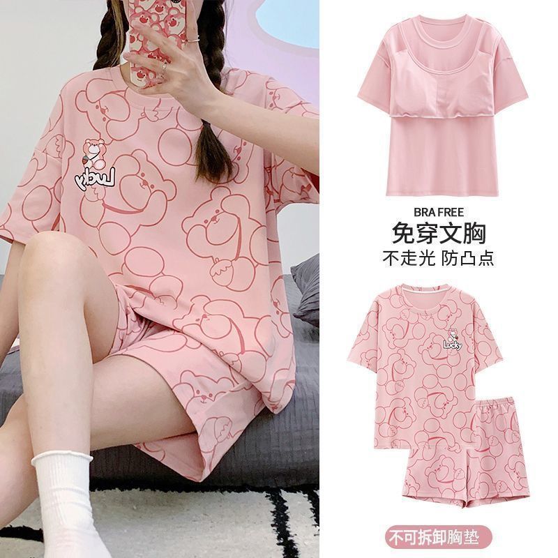 睡衣女夏季短袖套甜美带胸垫韩版卡通学生休闲宽松大码宿舍家居服|undefined