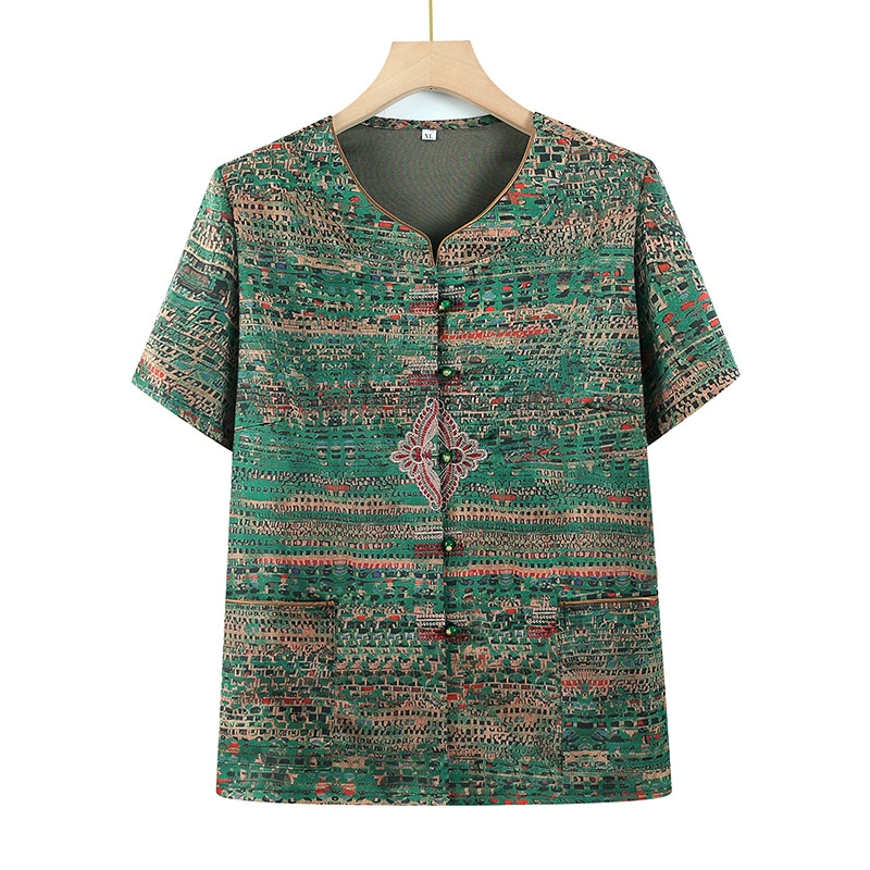 Летняя рубашка в китайском стиле для бабушки среднего возраста с короткими рукавами, новые топы 2025 года, женские рубашки с короткими рукавами среднего и пожилого возраста